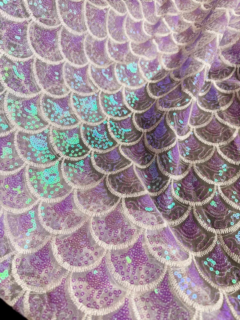 

Iridescent Mermaid Sequin Embroidery Mesh Fabric Holographic Fish Scale Sheer Textile For Fantasy Dress Stage Costume DIY