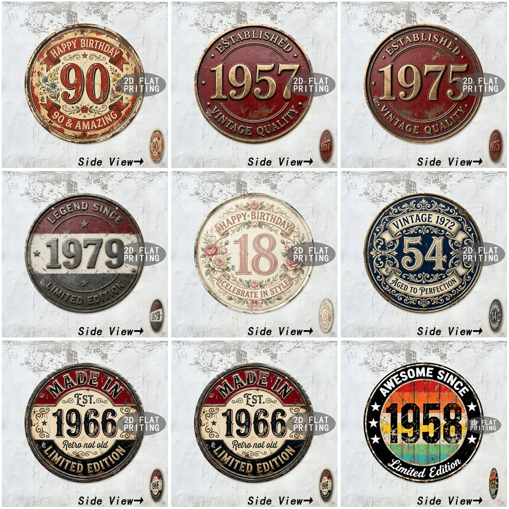 Multistyle Round Metal Tin Sign Vintage Floral Birth Year Birthday Limited Edition Retro Wall Plaque for Home Bar Garage Party