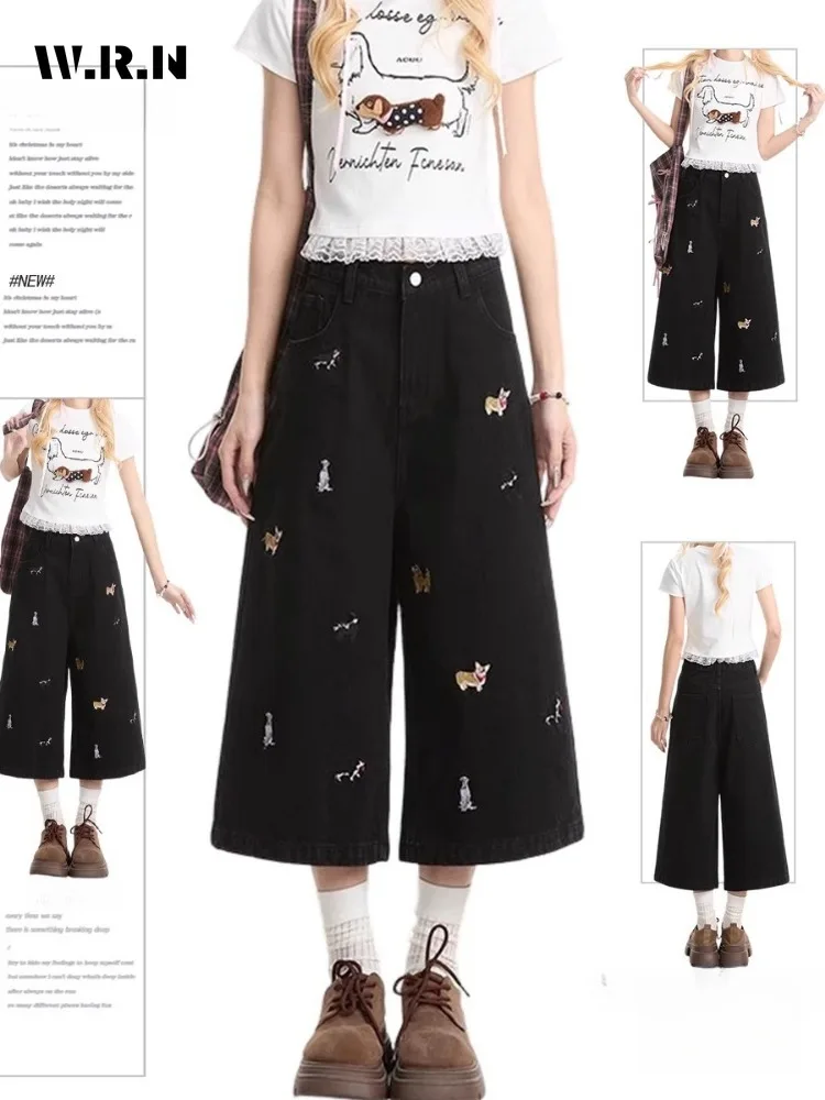 Pantalones vaqueros informales con apliques de dibujos animados para mujer, pantalones vaqueros holgados Harajuku Emo, longitud hasta la pantorrilla sólida de verano 2025, pantalones azules Y2K 2000s