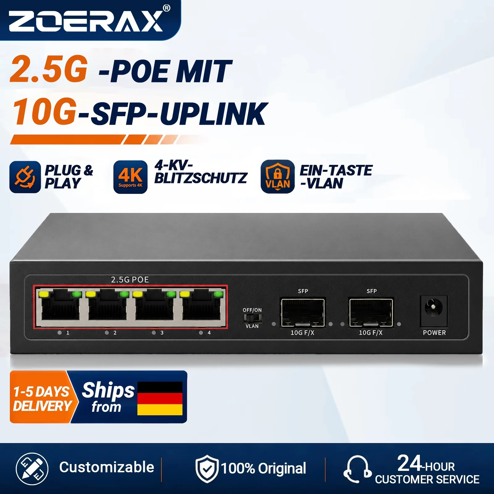 ZoeRax 6-Port POE Netzwerk-Switch 60 Gbit/s Vollduplex mit 4 Port 2,5G und 2 Port 10G SFP Unmanaged, One-Key-VLAN, 4KV Blitzschutz für Heimbüro