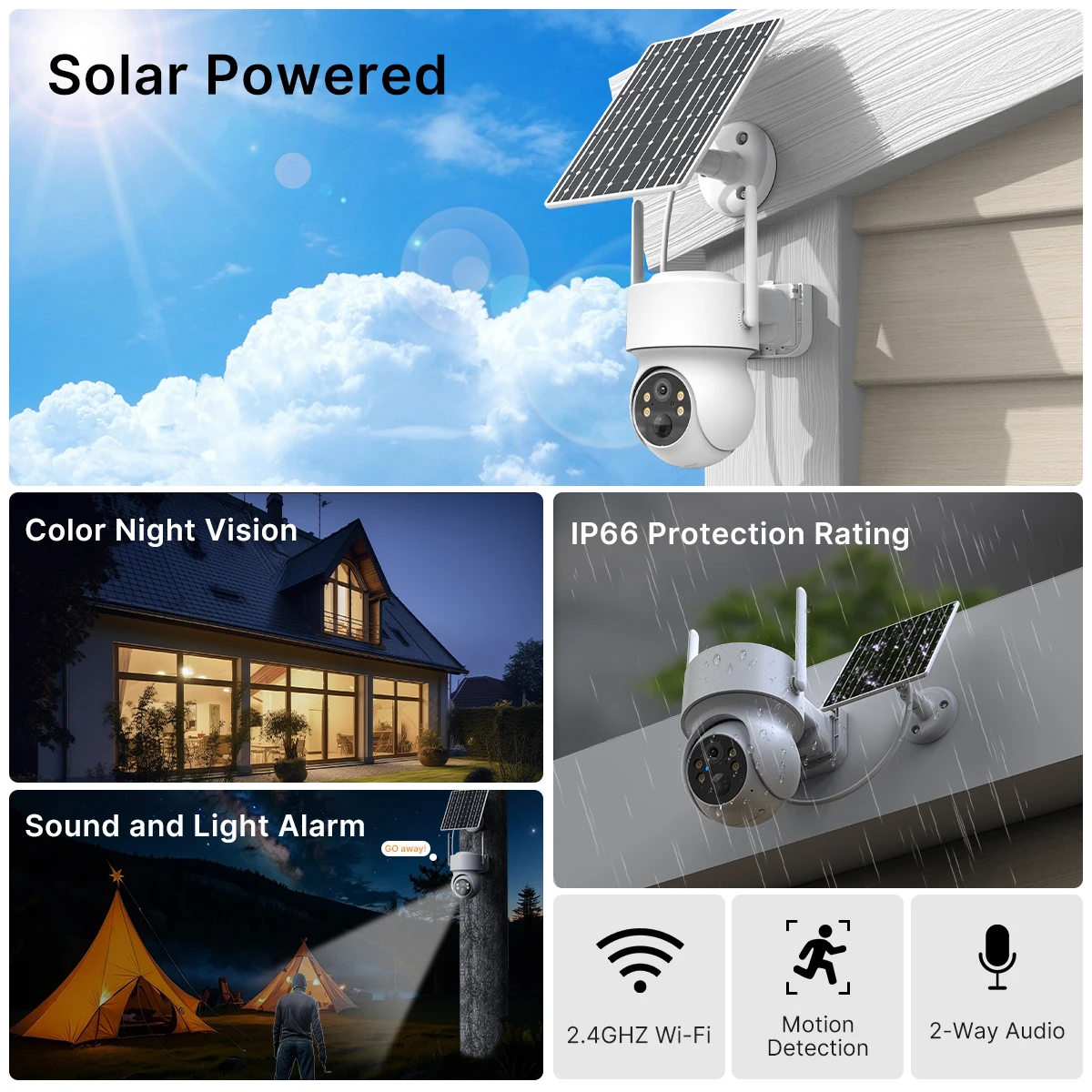 1PCS Outdoor Solar WiFi Camera Built-in Battery Security Camera PIR Human Detect Color Night Vision Two Way Audio ICSee