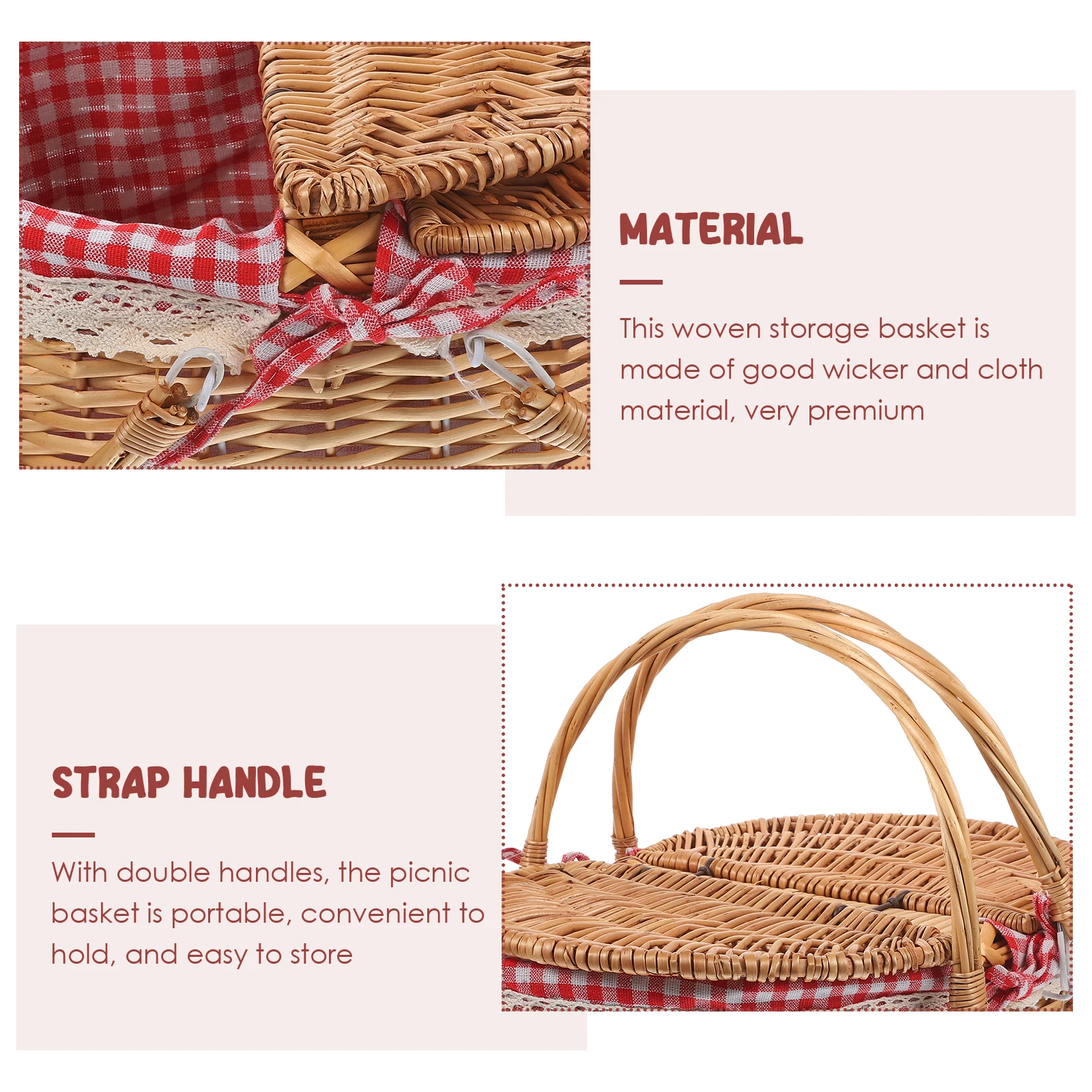 

Wicker Picnic Basket with Double Handles Lid Woven Rustic Storage Basket Portable for Outdoor Picnic Camping Fruit Vegetable