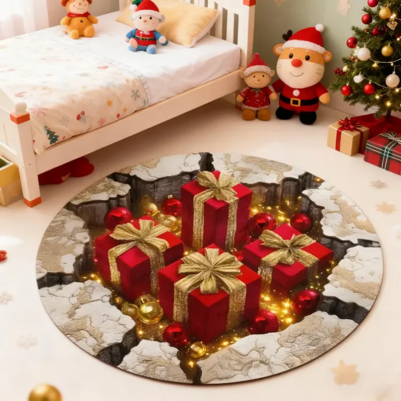 Round Crack Christmas Gift Box Illusion Rug Glowing Xmas Present Pattern Decor Carpet For Bedroom Holiday Party Home Decor