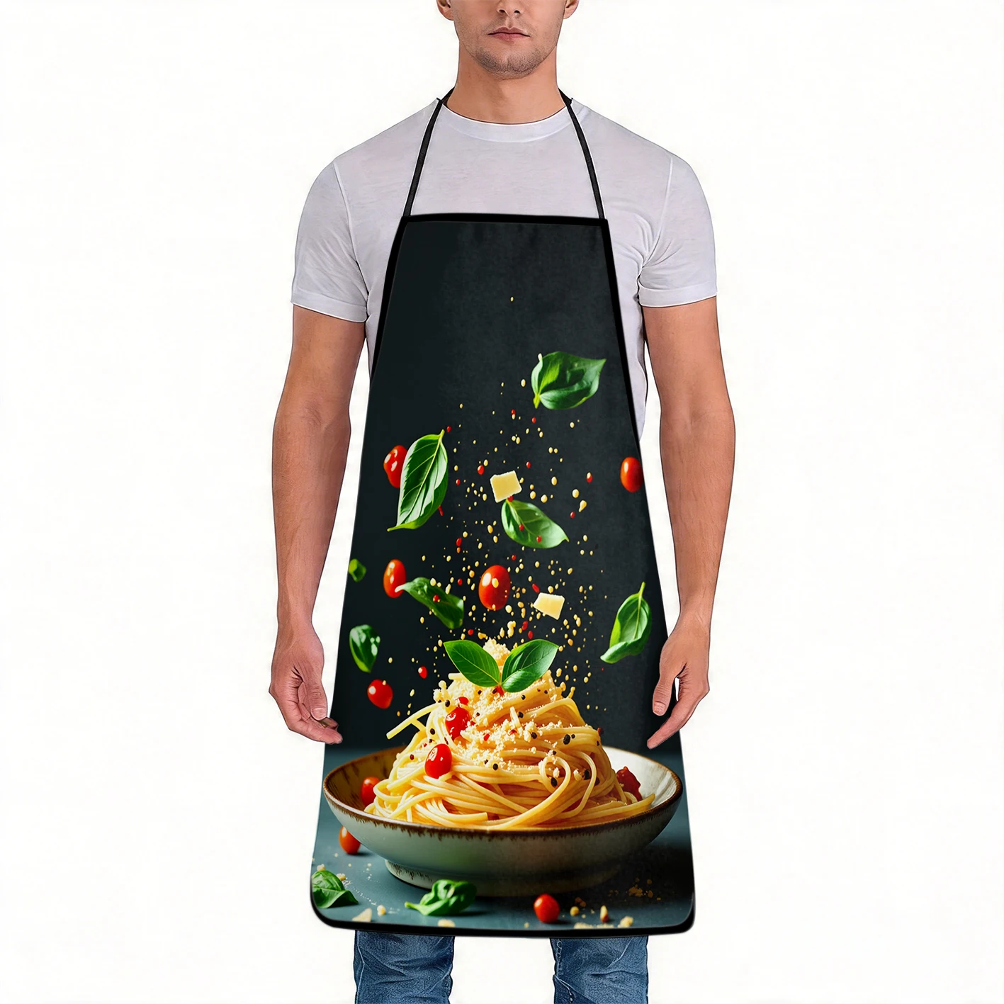 Delantal con estampado creativo de pasta, hojas de albahaca, tomates cherry y queso espolvoreado para cocina y repostería