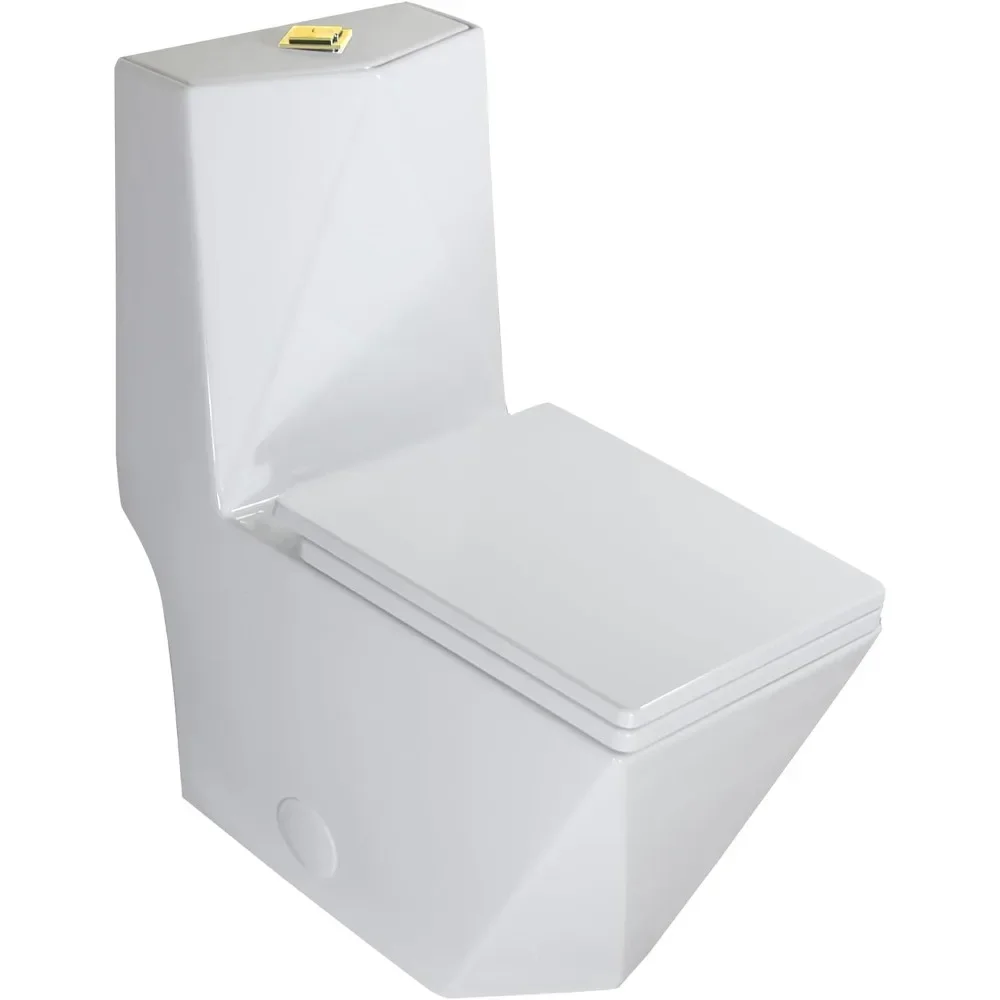 Square One Piece Toilet Black With Gold Button For Modern Bathroom,Diamond-shaped Sleek Design Elonagted Rectangle White