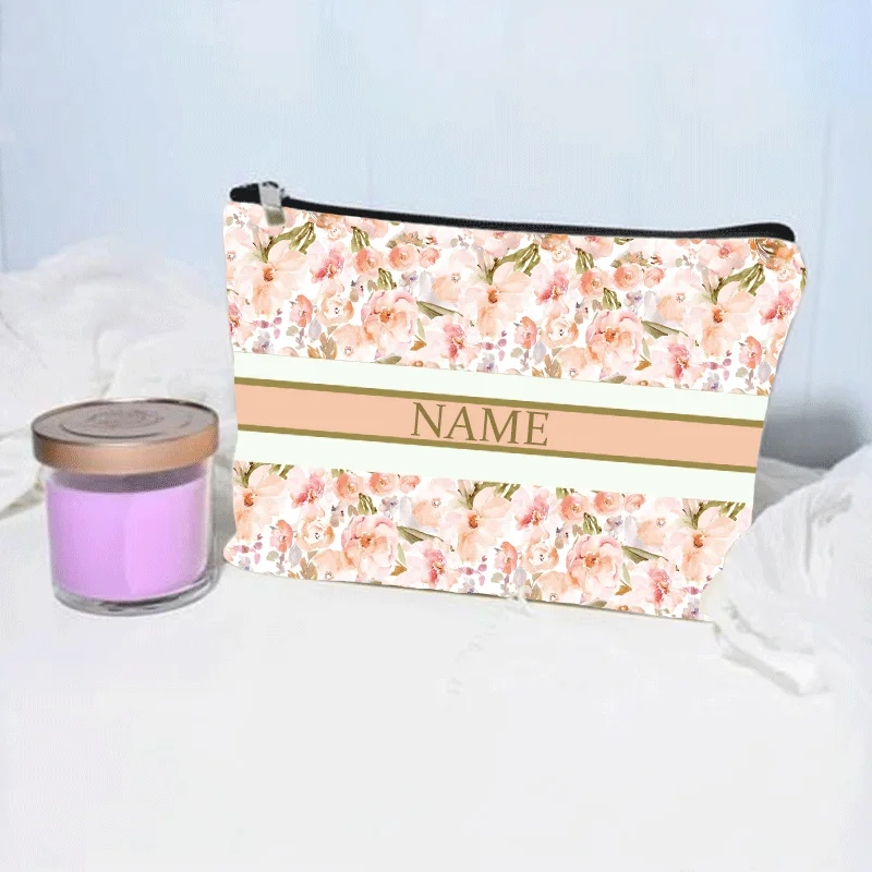 Light Floral Makeup Bag Custom Name Cosmetic Case for Women Travel Necessity Lipstick Storage Trendy Luxury Canvas Bags Clutch