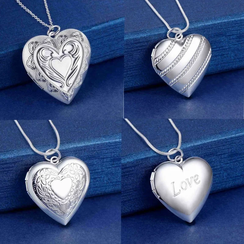 Hot Wholesale 925 Sterling Silver Heart Photo Frame Necklace Snake Chain For Woman Charm Wedding Fashion Party Jewelry Gift