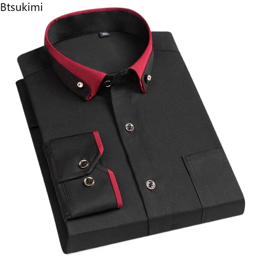 

New Fashion Spring Elastic Non-iron Long-sleeved Shirt Men's Youth Crystal Button Patchwork Collar Not Cotton Business Shirt Men