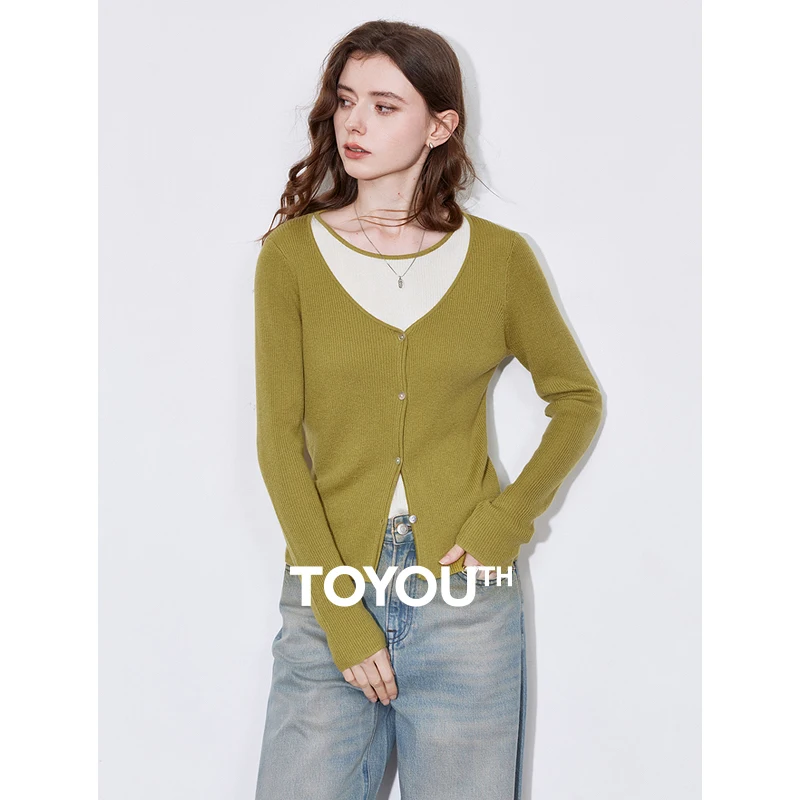 TOYOUTH Women Long Sleeve Knitted Sweater 2025 Spring New Fake Two Piece Double-layer Collar Contrasting Color Wool Sweater Tops