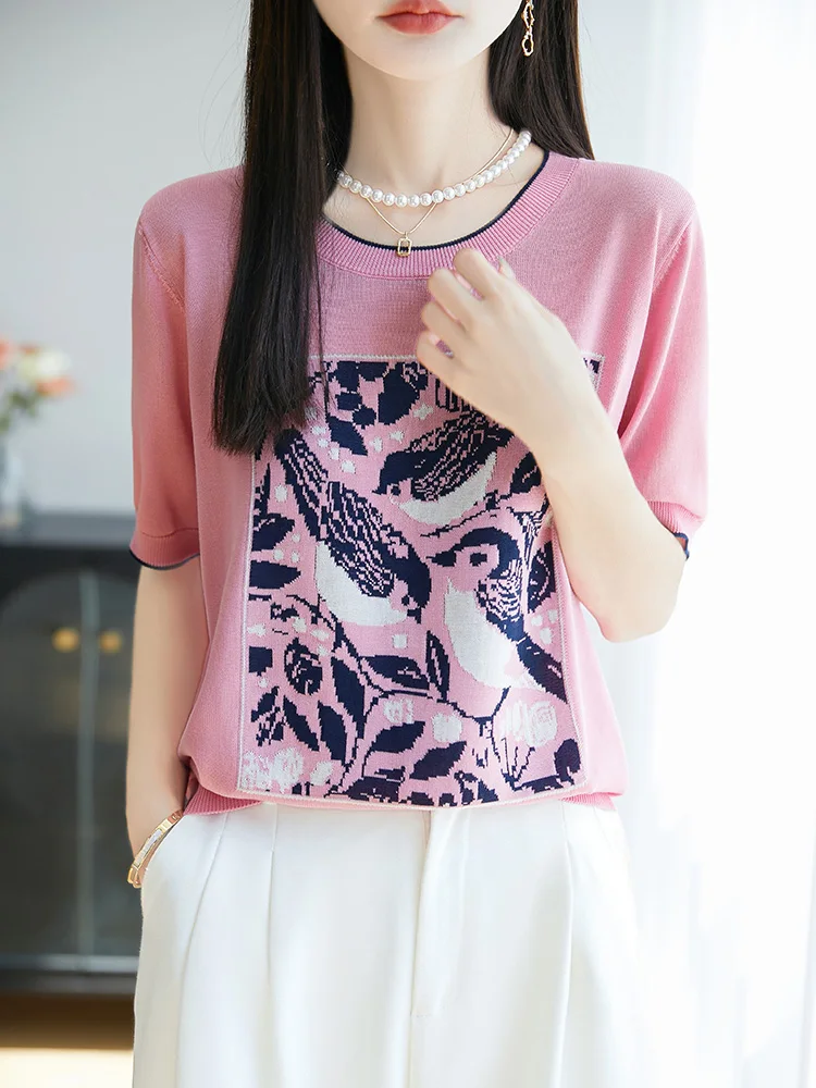 

Летний женский трикотажный топ 2025 года: свободный крой, круглый вырез, короткий рукав, модный, универсальный, повседневный, комфортный, трендовый