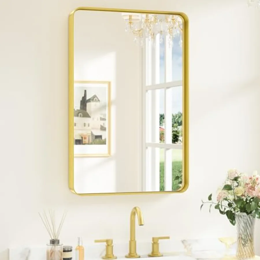 

Gold Bathroom Mirrors for Wall 20 x 30 Inch Rounded Rectangle Gold Vanity Mirror, Brushed Brass Mirror with Metal Frame, HD Tem