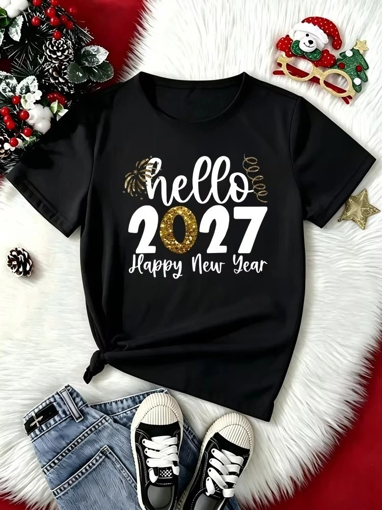 Women's Hello 2027 T Shirt Fashion Casual Happy New Year Women Top Short Sleeve Female TShirt Clothes Tee Free Shipping Delivery