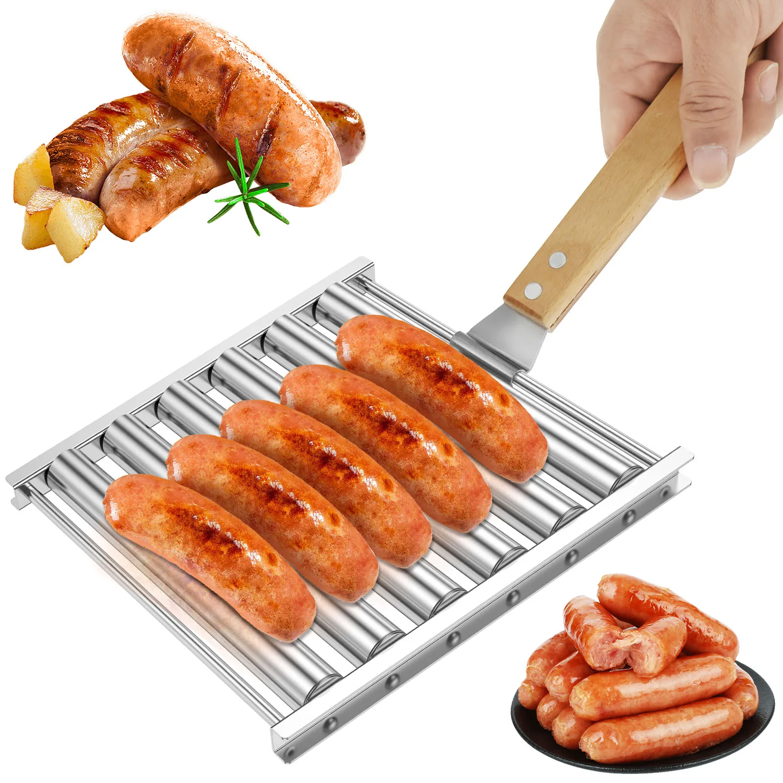 

Hot Dog Roller with Wood Handle Even Grilling Hotdog Grill Roller 5 Hot Dog Capacity Grill Sausage Roller Stainless Steel Hot