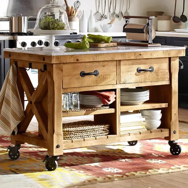 Mesa de cocina de isla media extraíble americana, mesa de bar de madera maciza, gabinete lateral de comedor de mármol de almacenamiento integrado abierto