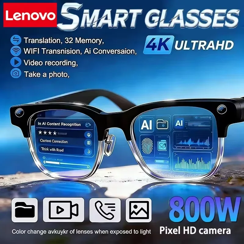 Lenovo 800W Camera Glasses Men Color-Changing Smart Translation Glasses Photo Video Recording Bluetooth Call Smart Sunglasses