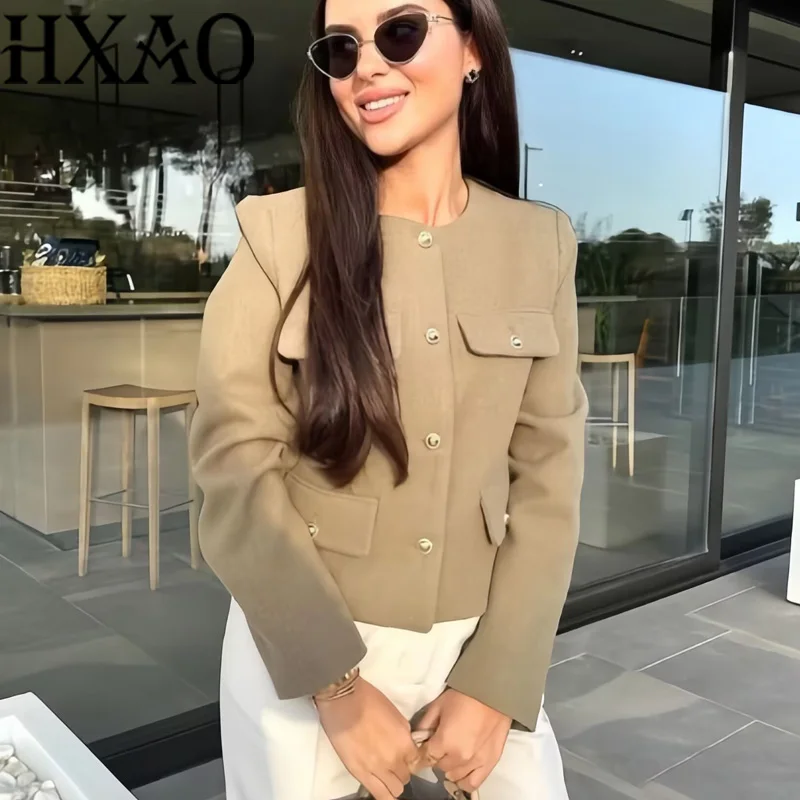 

HXAO Jacket Outerwears Long Sleeve Women's Cropped New In Jackets Button Khaki Tweed Jacket Woman Autumn Elegant Womens Jackets