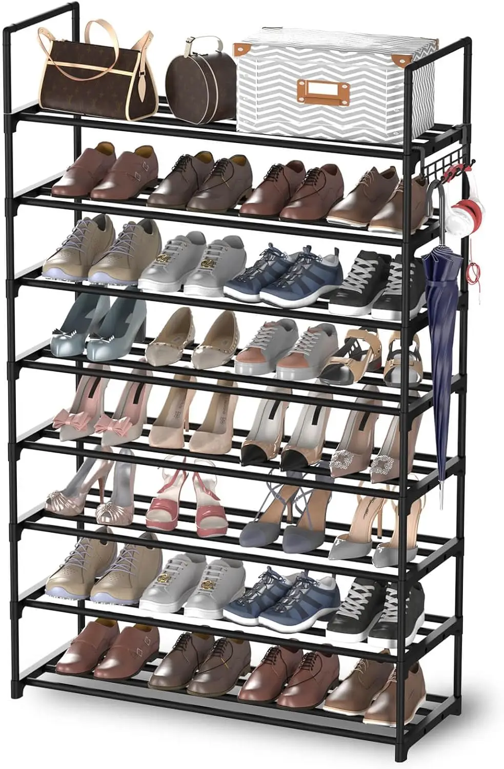 8 Tiers Metal Shoe Rack,Adjustable Shoe Shelf Storage Organizer with Hooks,Stackable Boot & Shoe Storage