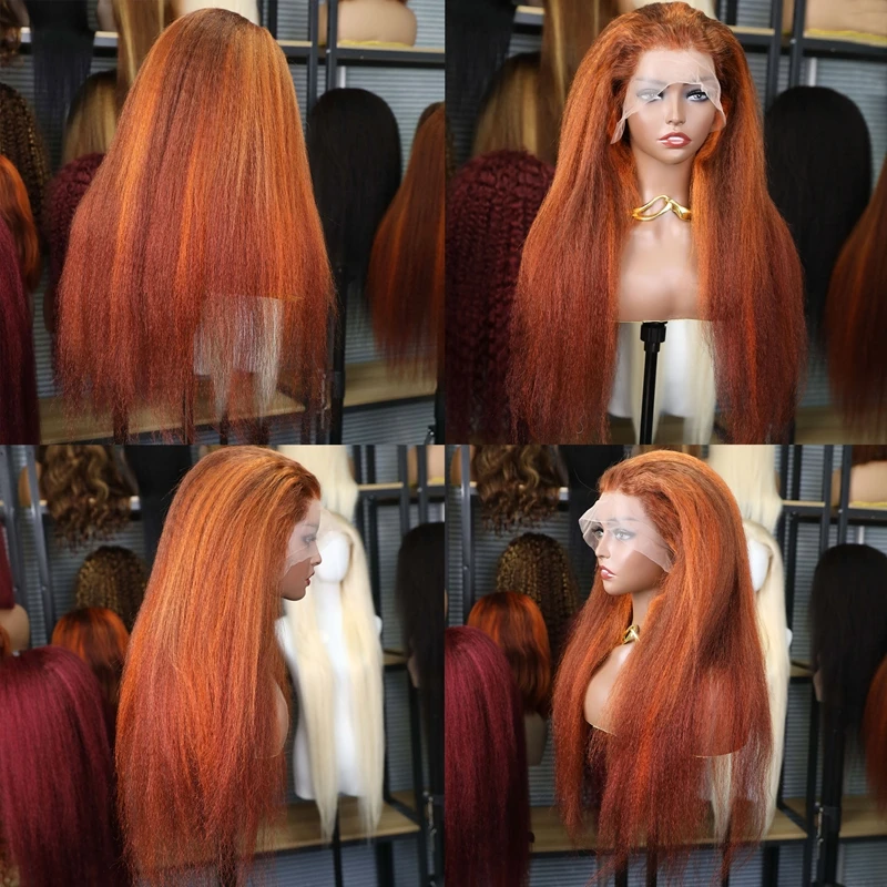 تسليط الضوء على اللون البني والزنجبيل البرتقالي 200% الكثافة غريب مستقيم 13x6 الدانتيل الشفاف خصلات الشعر المستعار الإنسان قبل قطعها عذراء الشعر