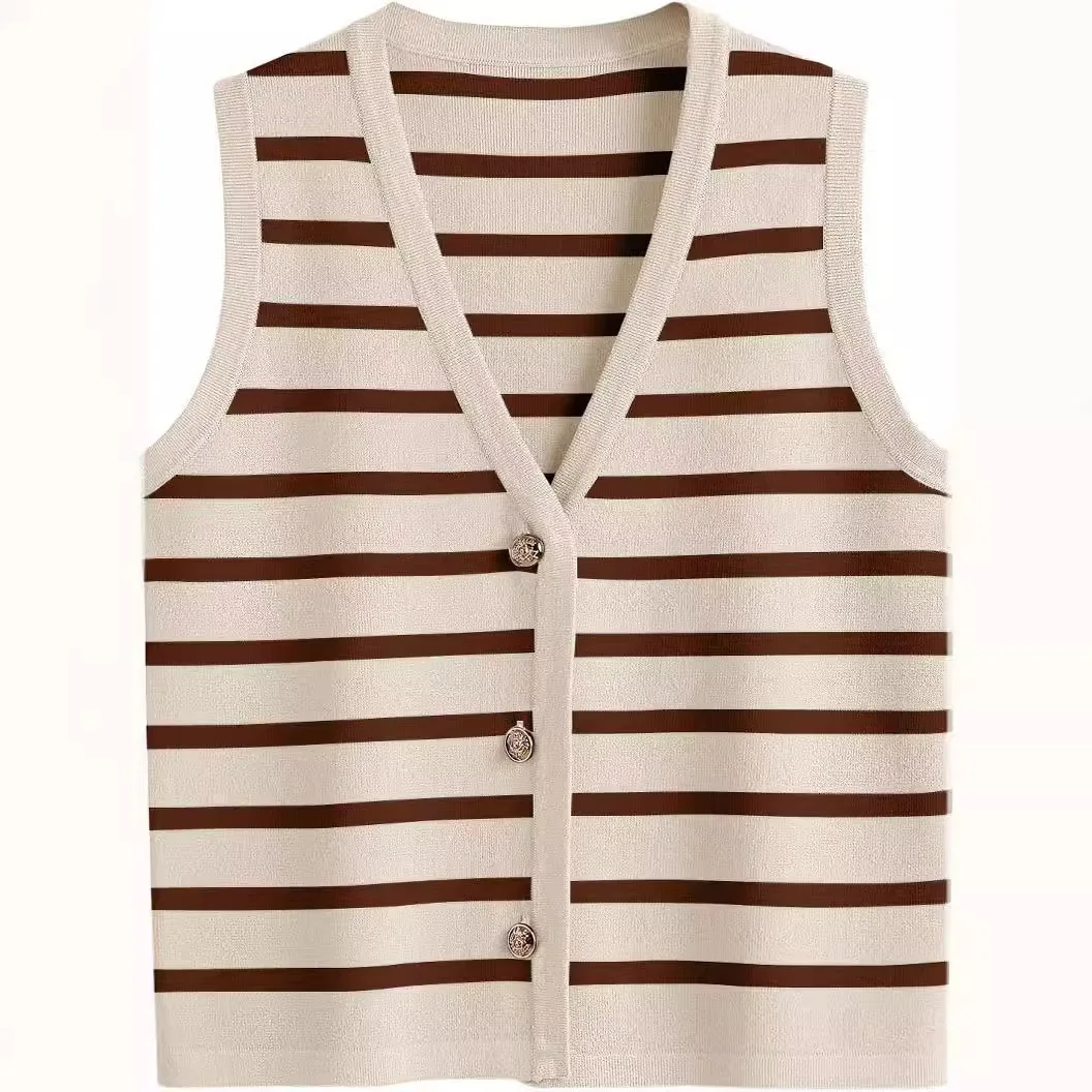Women's Casual Vest Slim Fit Contrasting Striped Round Neck Sleeveless Single Breasted Cardigan Summer Daily Short Sweater Vest