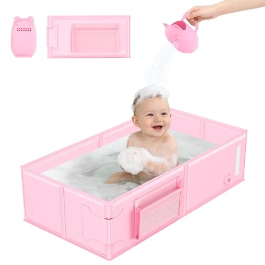 

Portable Foldable Baby Bathtub with Cat-Patterned Rinse Cup for 6M-5Y Compact Bath Tub for Small Bathroom Travel Essentials for