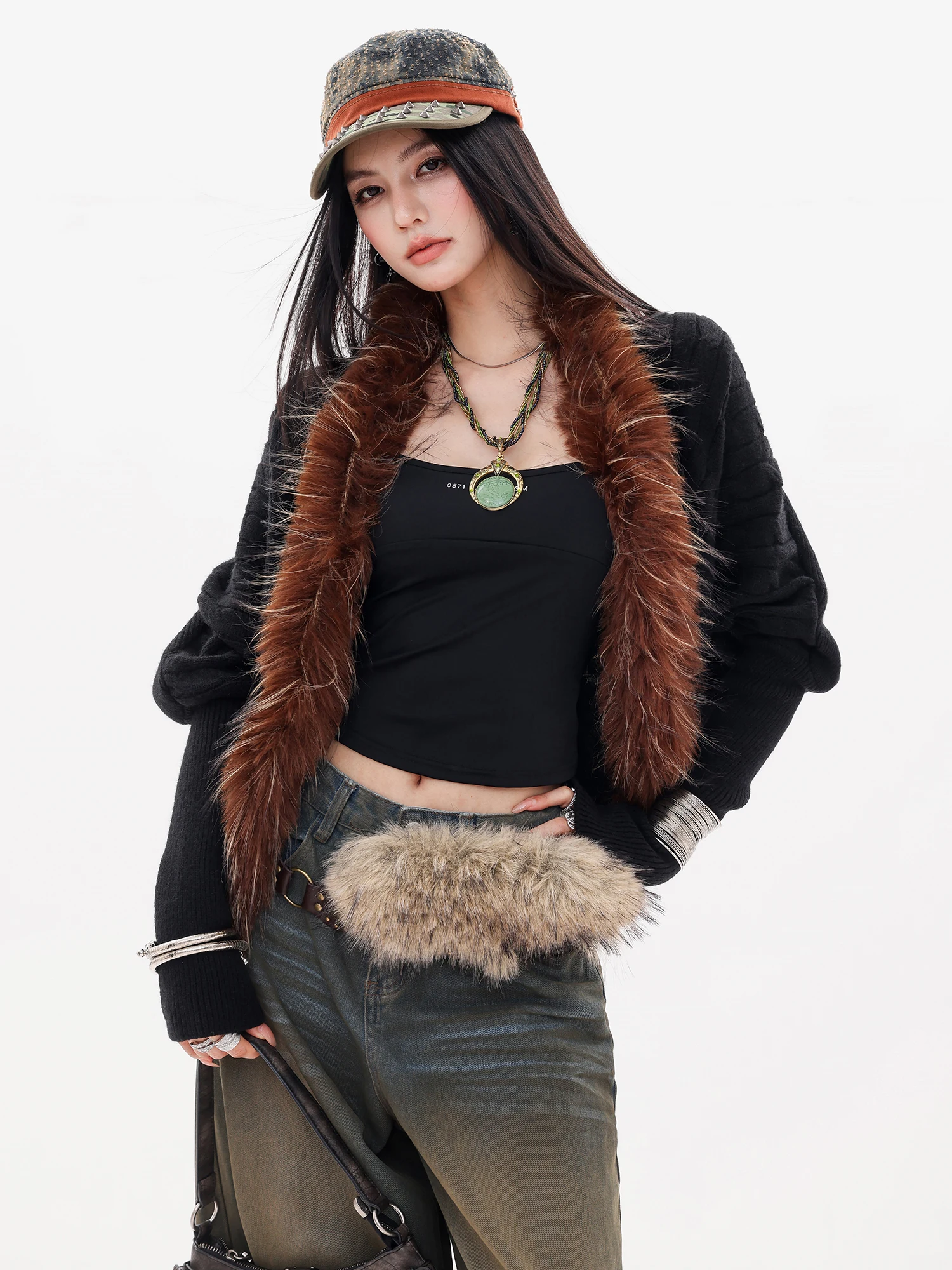 

Женский вязаный кардиган ABWLR Jazz Lounge Original с меховым воротником, осенне-зимняя свободная универсальная верхняя одежда