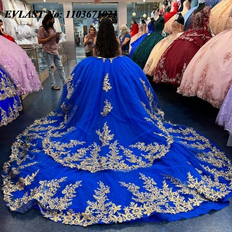 EVLAST Sparkly Royal Blue Quinnceanera Dress Ball Gown Gold Lace Applique Beads corsetto a strati Sweet 16 Vestidos De 15 Anos SQ530