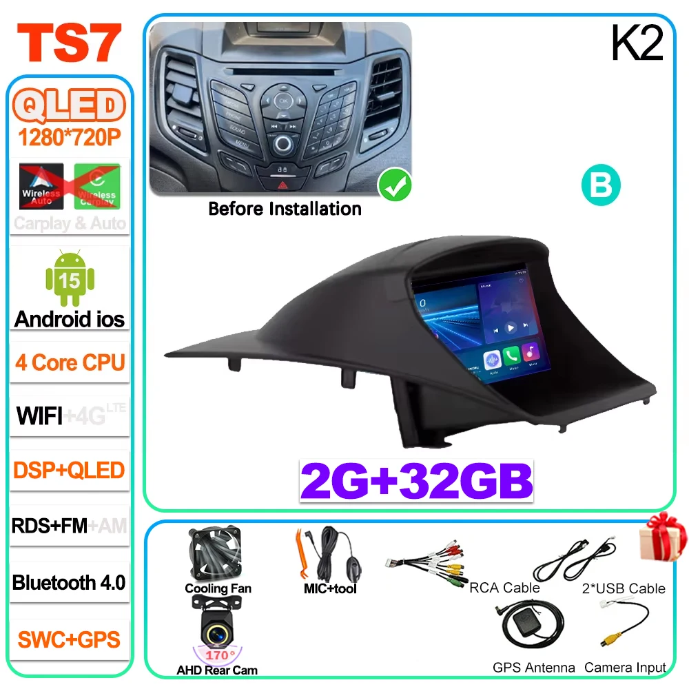 Auto radio Carplay Android 16 voor Ford Fiesta Mk 6 2009 2010 2011 2012 2013 2014 -2018 Radio Multimedia Videospeler Scherm GPS