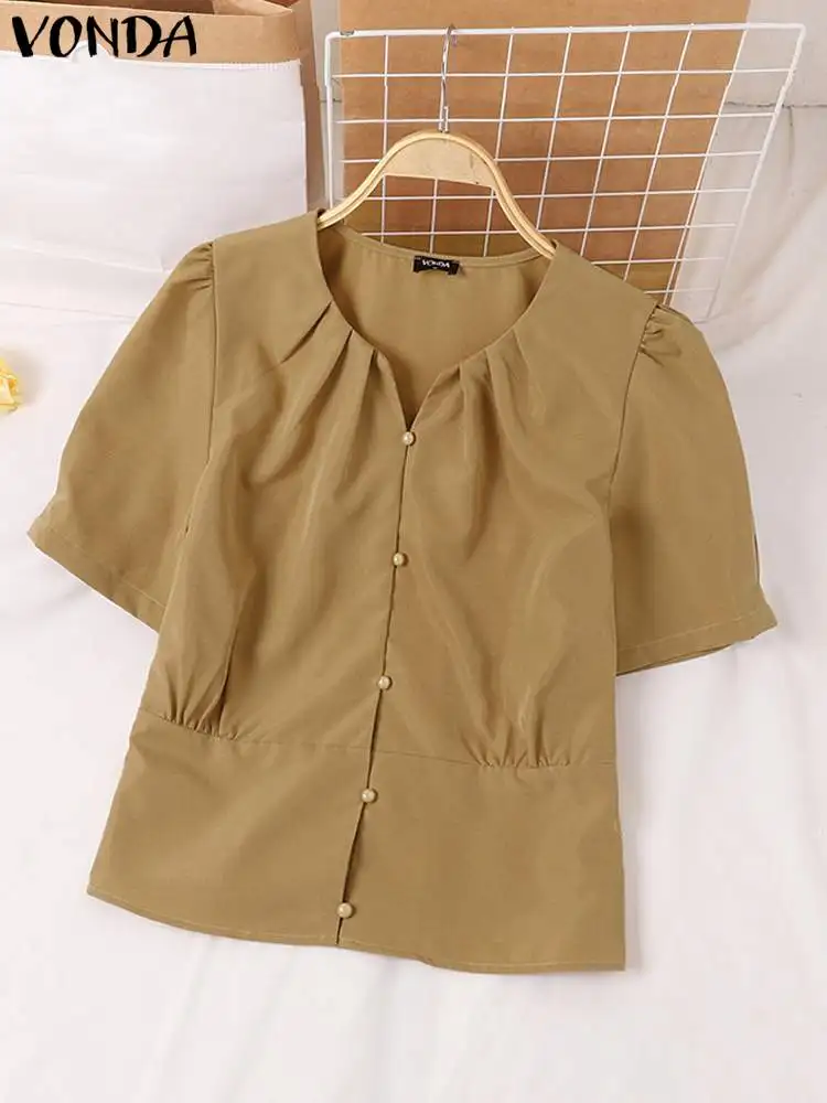 VONDA Elegant Women Shirts 2024 Summer Short Sleeve Round Neck Ruffled Blouses Buttons Tunic Tops Casual Loose Blusas Femininas