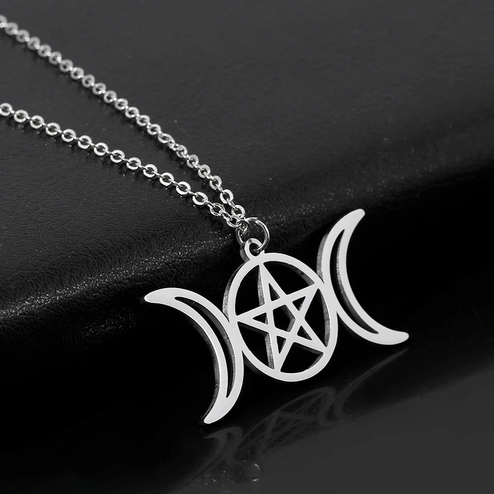 Creative Trend Double Moon Hollow Pentagram Necklace Stainless Steel Pendant Exquisite Jewelry Accessory view 2