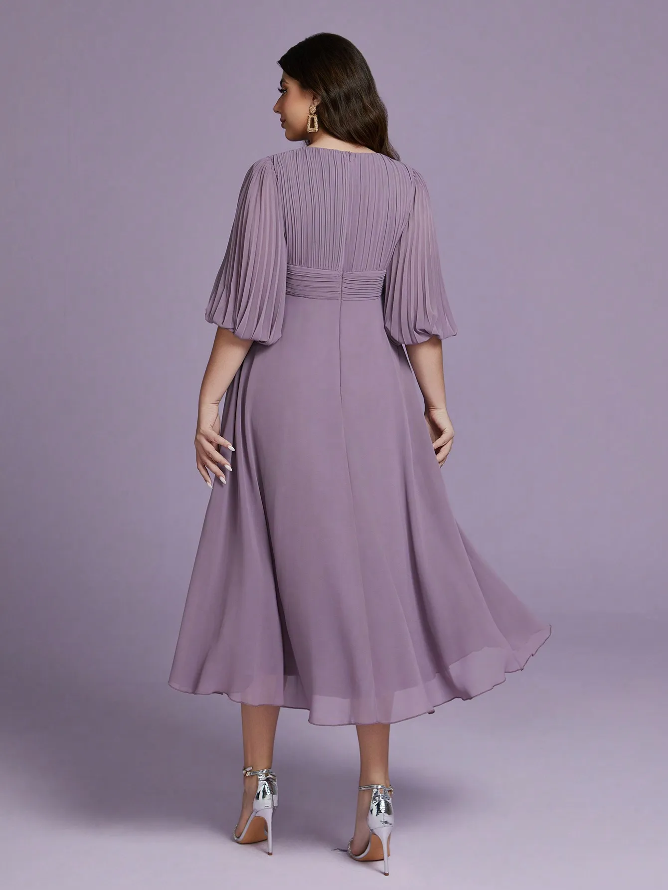 Immagine 3: Abito lungo in chiffon di seta Mgiacy Plus Size con scollo a V profondo e stampa solare, con orlo ampio e svasato