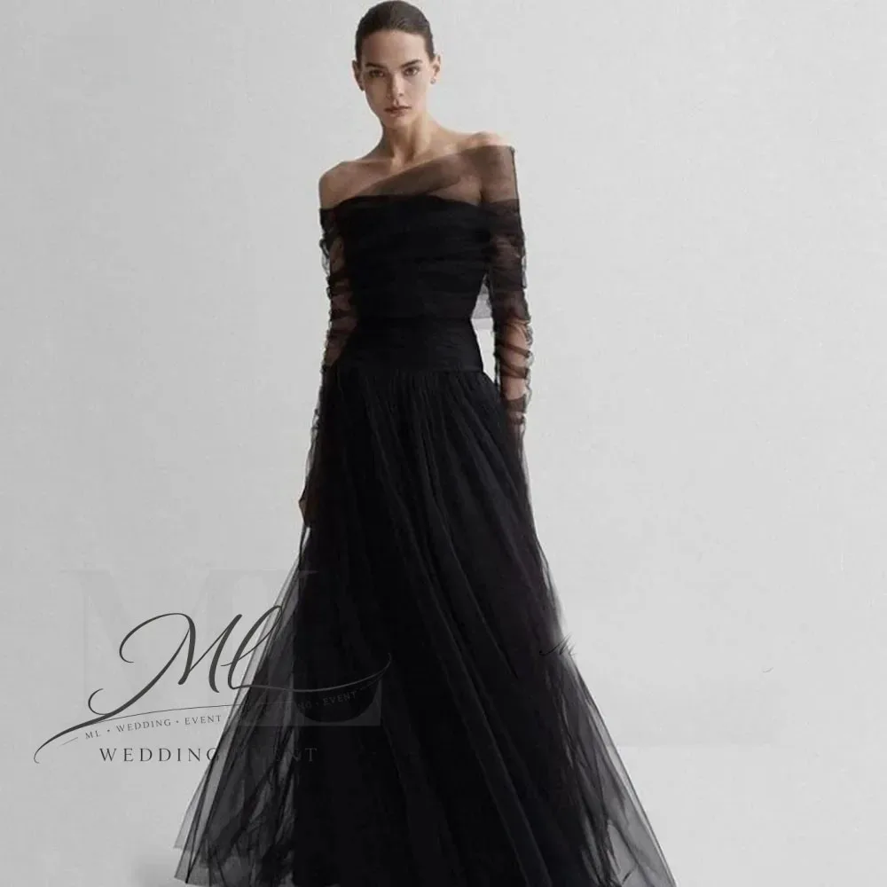 

ML A-Line Black Korea Wedding Dress Photoshoot Off the Shoulder Long Sleeves Evening Dress Elegant Party Dresses Customized