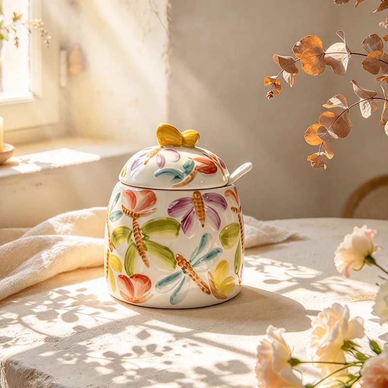 Hand Painted Dragonfly Butterfly Ceramic Sugar Bowl with Lid and Spoon, Colorful Floral Seasoning Jar, Kitchen Storage Canister