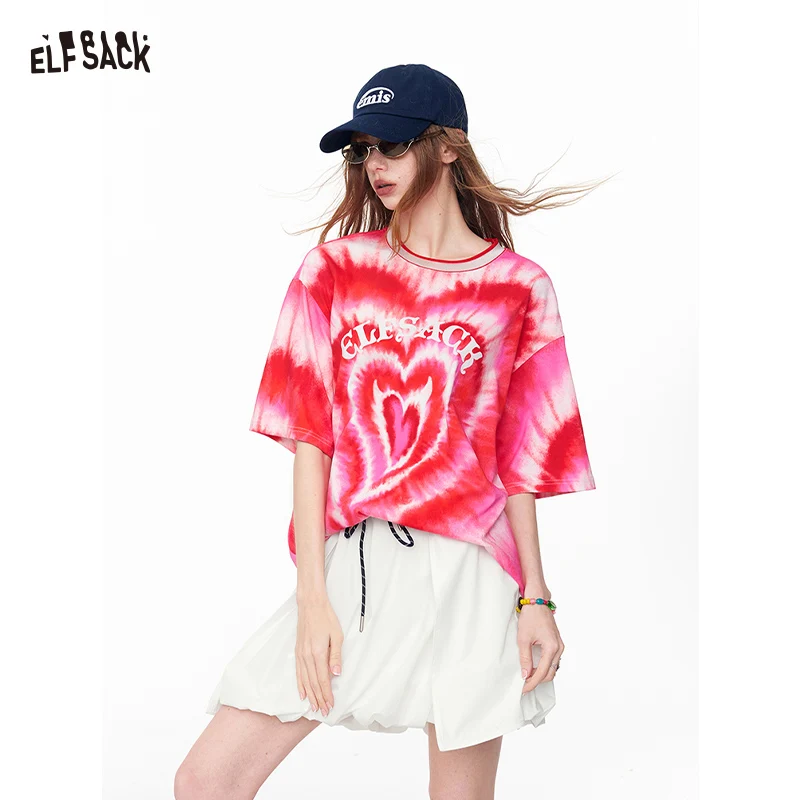 

ELFSACK Tie-Dye Heart Print Oversized T-Shirt, Y2K Streetwear Pink & Red Loose Casual Tee