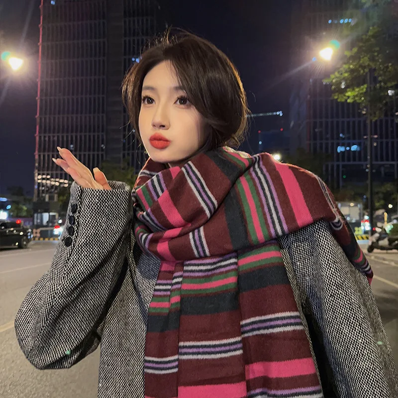 

Korean Style Ethnic Color-Block Plaid Knitted Scarf Women, Autumn and Winter Warm Student Neck Scarf, Vintage Versatile Shaw