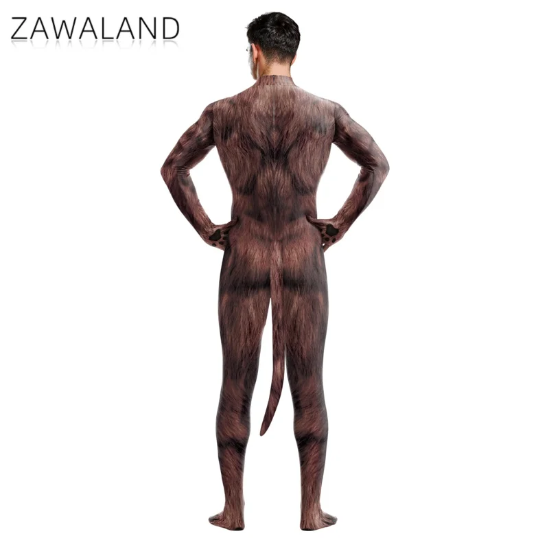 Zawaland Halloween Party Funny Cosplay Costumes Animal Wolf 3D Printed Bodysuit Zentai Full Cover with Tail Jumpsuits Catsuits