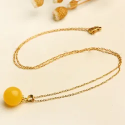 Beeswax Beads Inlaid Pendant Blue Amber Clavicle Chain Women