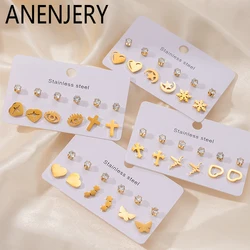 ANENJERY 316L Stainless Steel 6 Pieces Zircon Heart Cross Star Eyes Earrings For Women Simple Creative Jewelry Gifts Wholesale