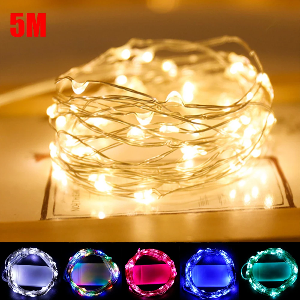 5M LED Copper Wire String Lights Battery Powered Garland Fairy Lighting Strings for Holiday Christmas Wedding Party Decoration