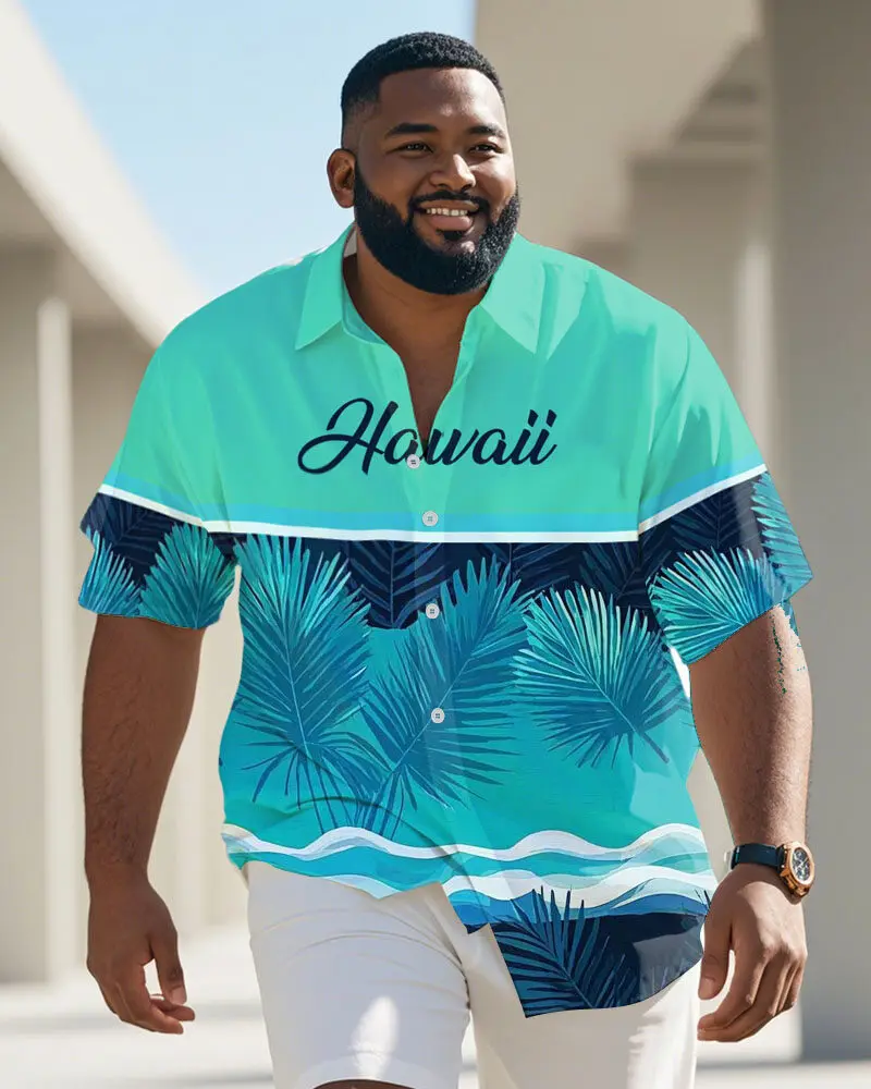 S-9XL Plus Size Men's Hawaii & Malibu Print Short Sleeve Shirt, Casual Button Up for Beach, Vacation & Daily Wear