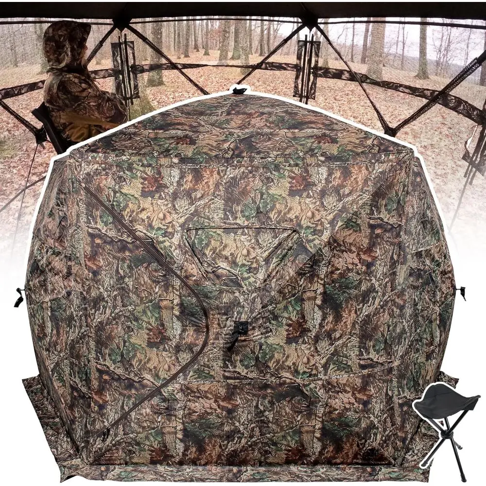 

4-Person Portable Hunting Blind with Chair, 360° View, Silent Zipper for Deer, Turkey, Duck Hunting