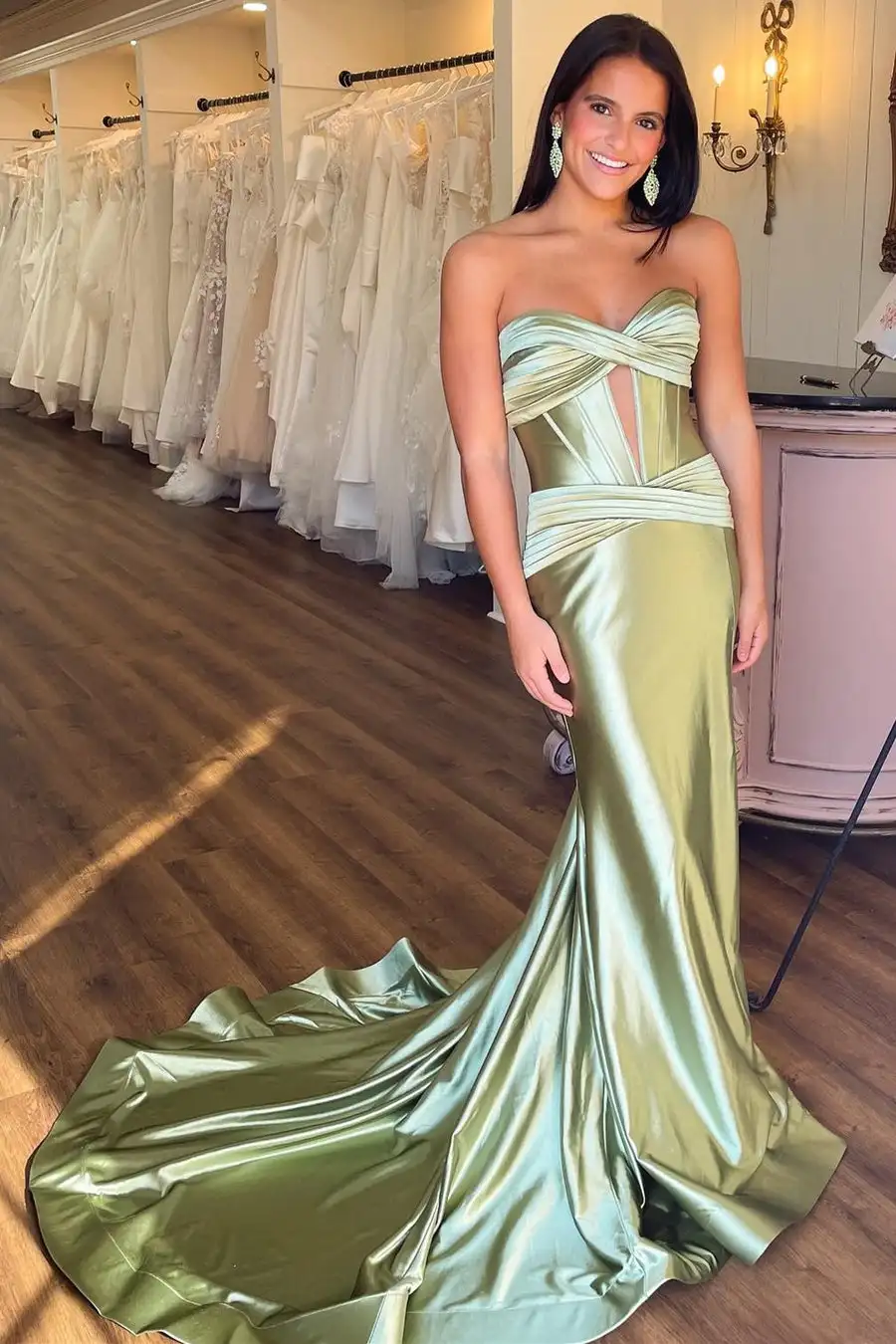 Strapless Keyhole Mermaid Long Satin Prom Dress with Slit Strappy Back Bridesmaid Dresses Long Formal Occasion For Women 2024