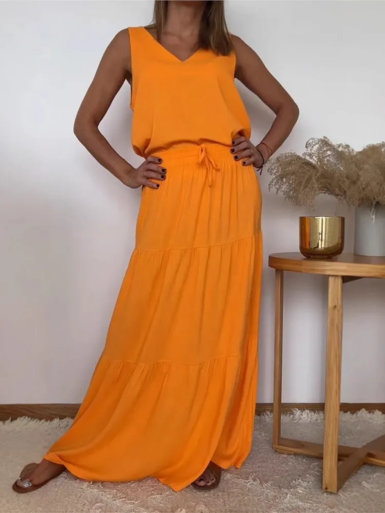 

Women's Elegant Solid Set Casual V Neck Sleeveless Top And Loose Long Skirt Two Piece Sets For Women Summer Fashion 2 Piece Sets