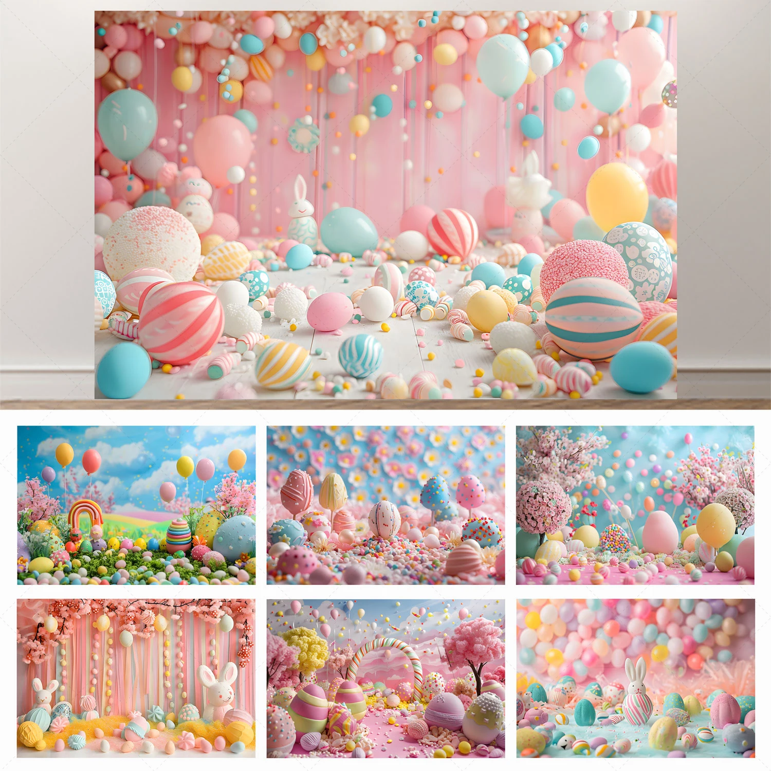 

Easter Theme Colorful Easter Egg Landscape Photography Studio Decorative Background Festive Rabbit Children Customized Backdrop