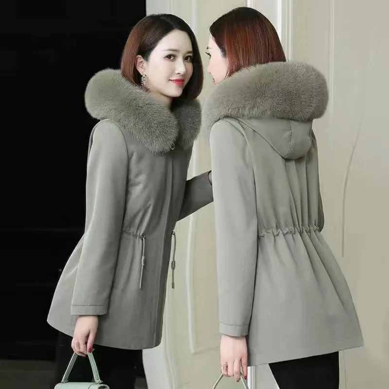 

Gabardina Mujer New Quilted Thicken Outerwears Hooded Big Fur Collar Trench Coat Women Middle Long Mother Cotton Winter Jacket