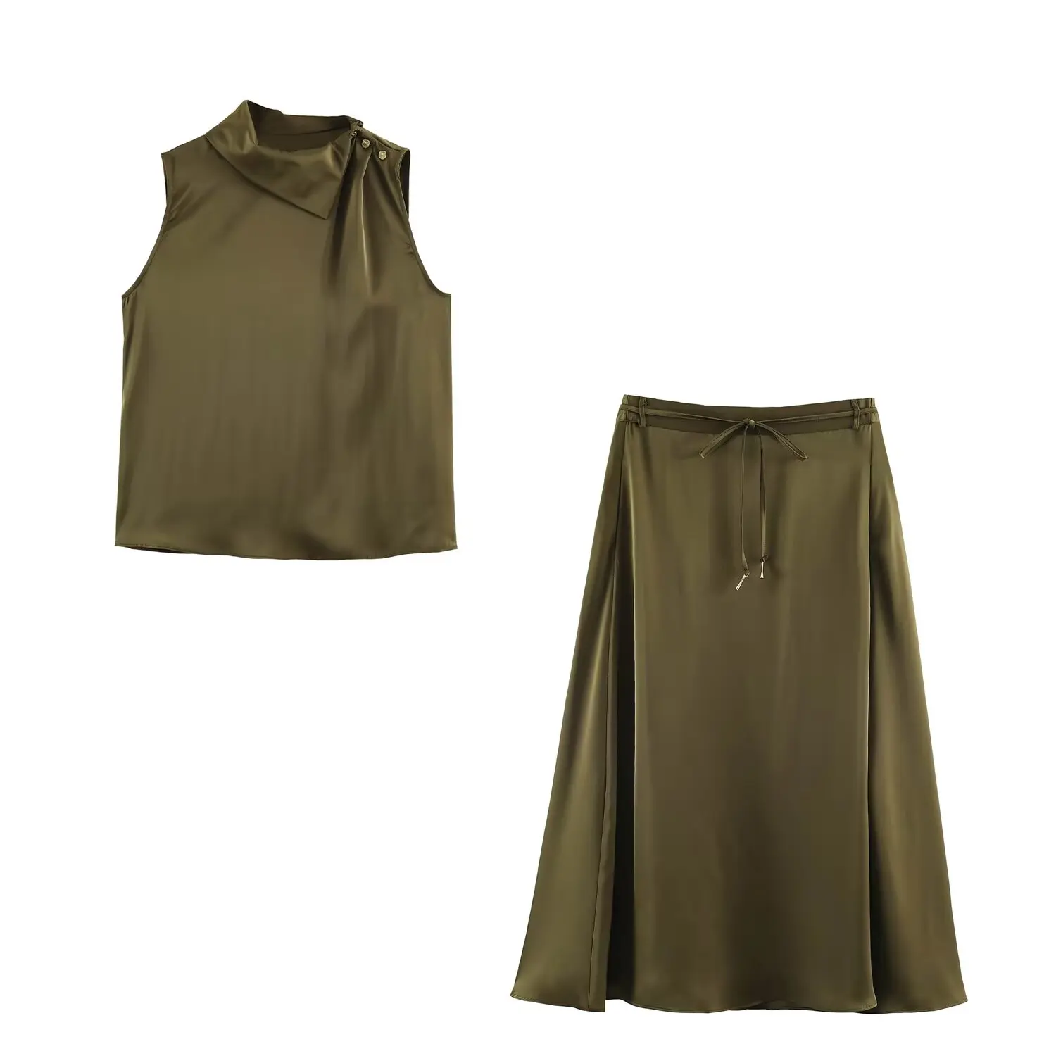BSAY 2026 Neues Minimalistisches Satin-Zweiteiler-Set mit Drapierter Kragenpartie, Ärmellosem Oberteil mit Schulterknöpfen und Tailliertem Midi-Rock für Damen – Detail 3