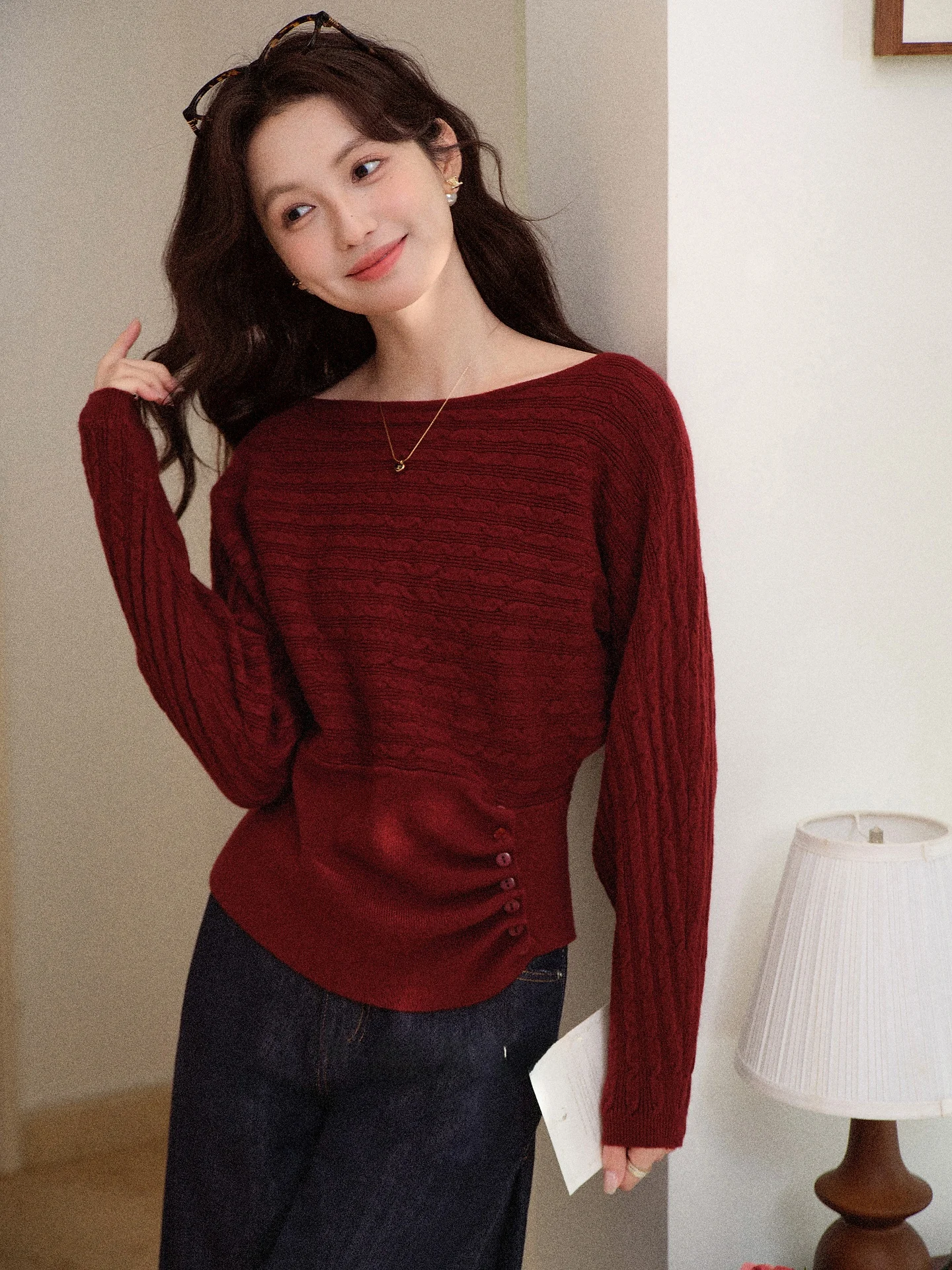 

Red Long Sve Women's Sweater Design Sensation Faion Commute Sle Loose Fit round Ne Single Piece Winter Collection