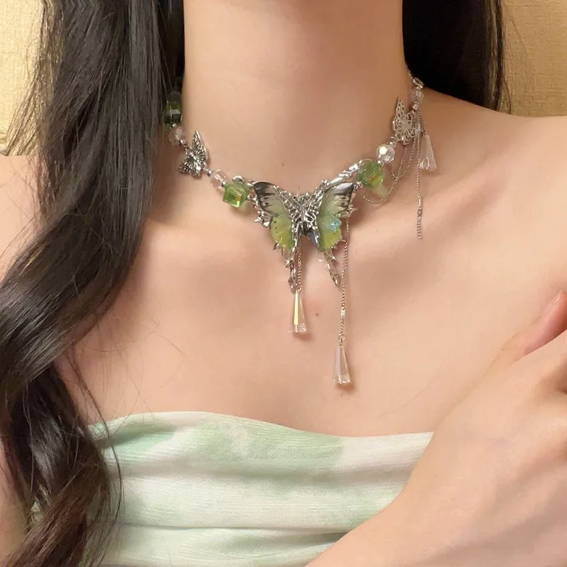 

Heavy Industry Green Butterfly Necklace Crystal Beads Tassel Collar Chain Exquisite Fashion Neck Chain