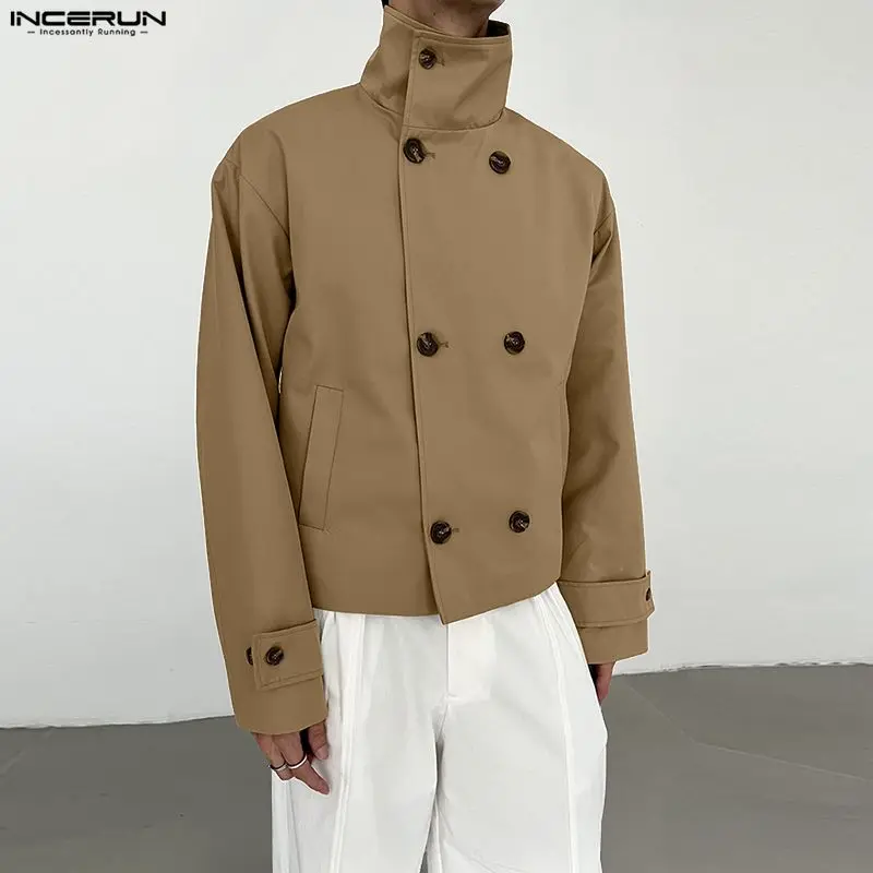 INCERUN 남성 트렌치 솔리드 스탠드 칼라 긴 소매 더블 브레스티드 남성 코트 스트리트웨어 루즈 패션 캐주얼 크롭 윈드브레이커