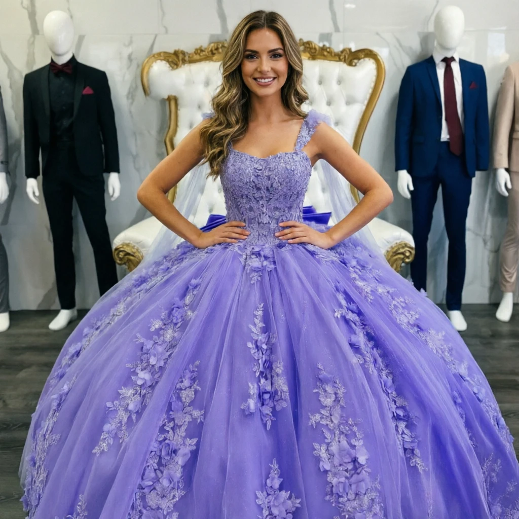 

Индивидуальные блестящие фиолетовые платья для Quinceañera, бальные платья с 3D цветочными аппликациями, кружевом и большим бантом, для дня рождения, Vestido De Novia