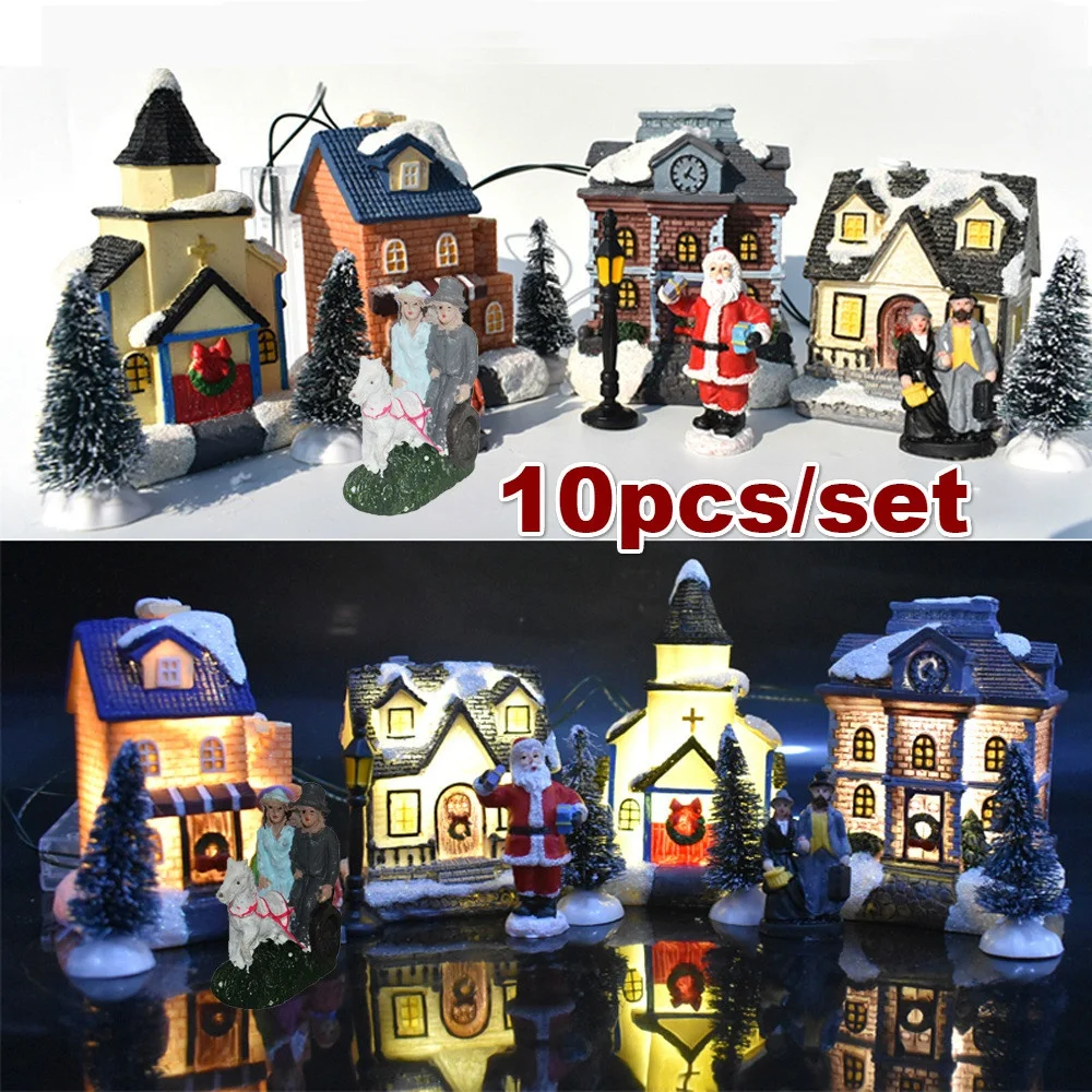 

New Christmas Ornaments Luminous House 10-piece Small House Decoration Santa Claus Suit Gift Gift